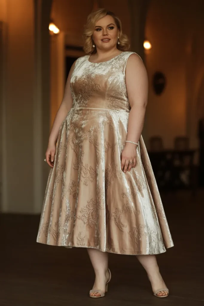 Plus Size Velvet Burnout Tea Length Wedding Dress