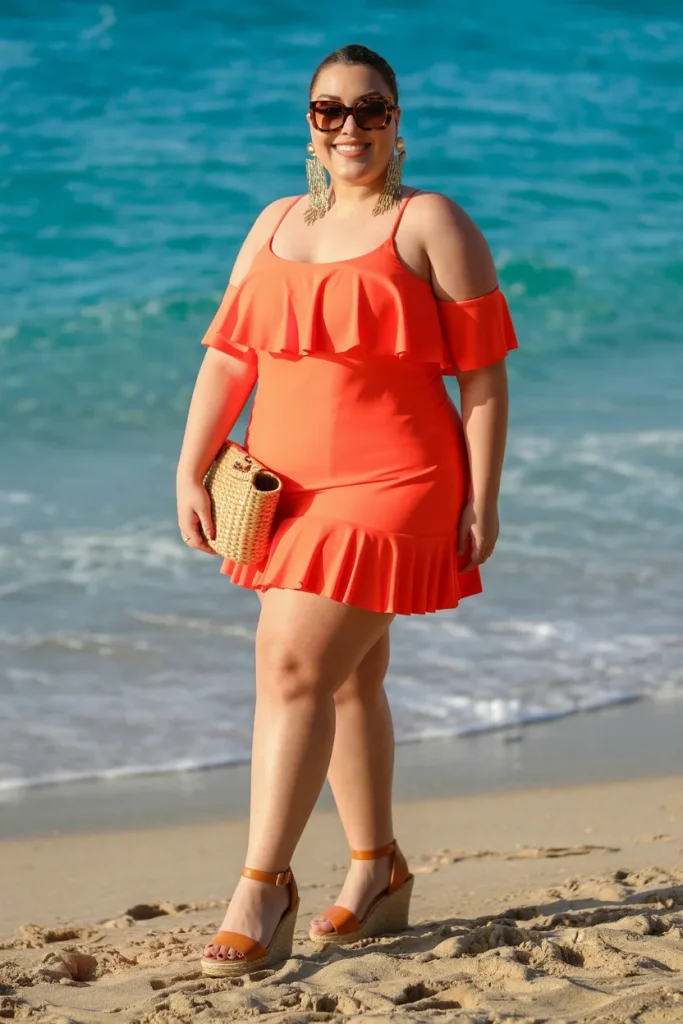 Plus Size Vibrant Orange Off Shoulder Ruffle Swim Dress