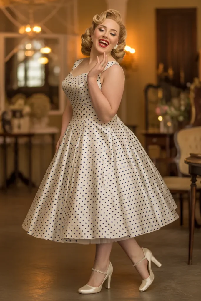 Plus Size Vintage 1950s Tea Length Polka Dot Wedding Dress