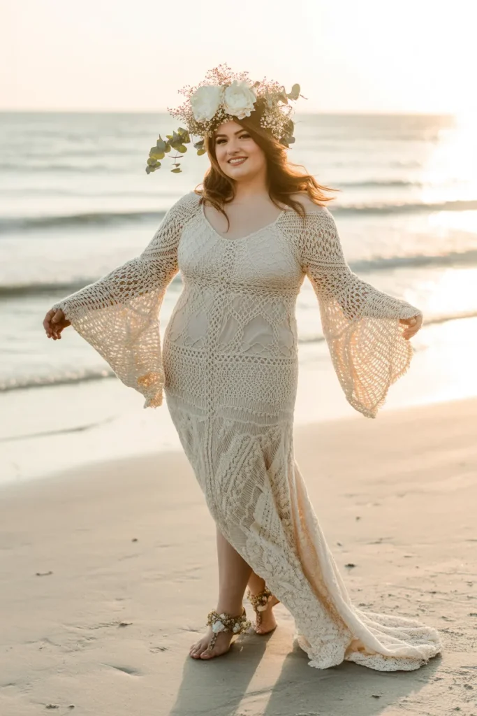 Plus Size Vintage Bohemian Bell Sleeve Crochet Wedding Dress
