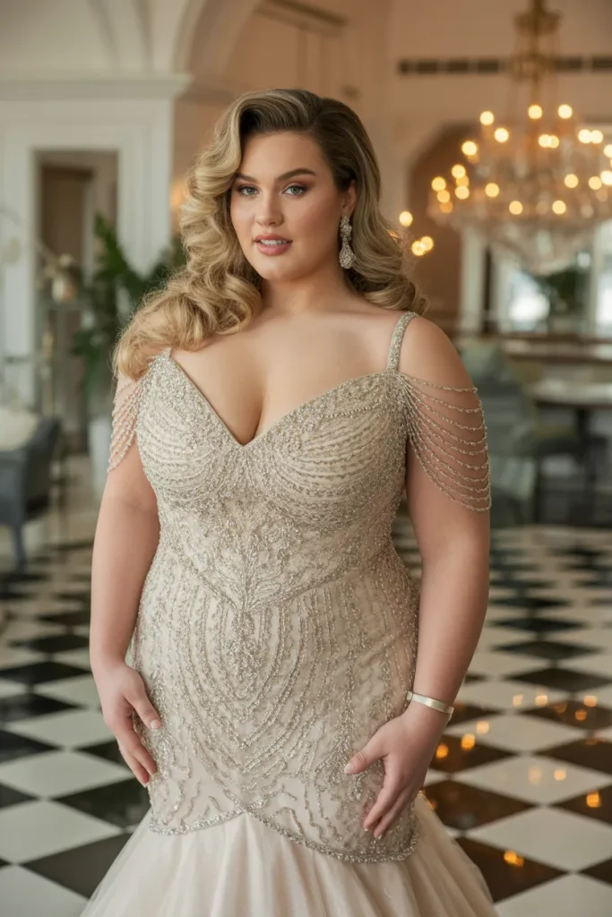 Plus Size Vintage Champagne Beaded Mermaid Wedding Dress