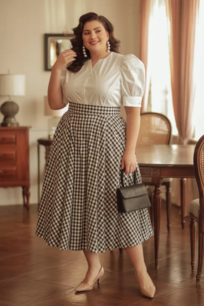 Plus Size Vintage Inspired Gingham Midi Summer Skirt Outfit