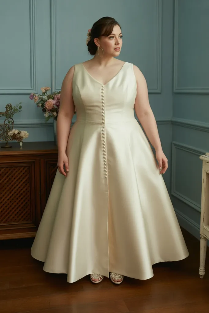 Plus Size Vintage Ivory Satin Button Wedding Dress