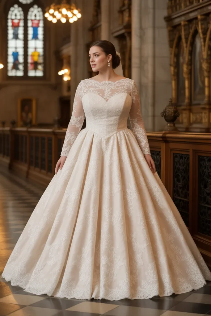 Plus Size Vintage Long Sleeve Lace Illusion Ball Gown Wedding Dress