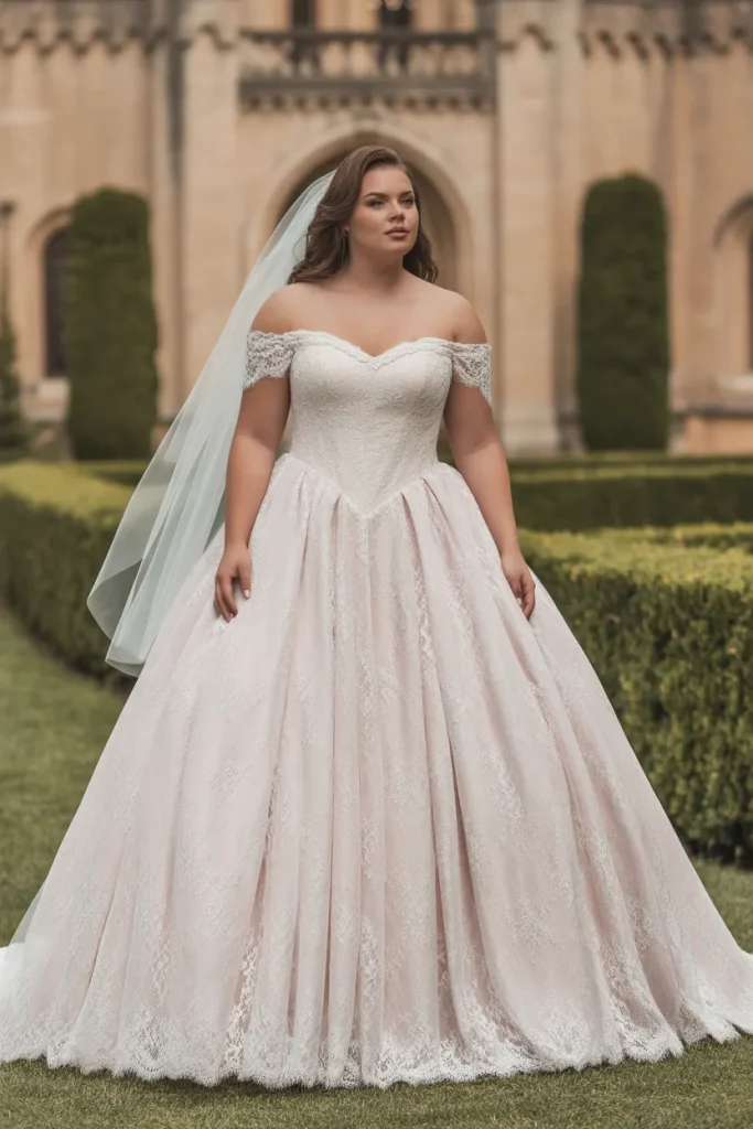 Plus Size Vintage Off Shoulder Lace Ballgown Wedding Dress
