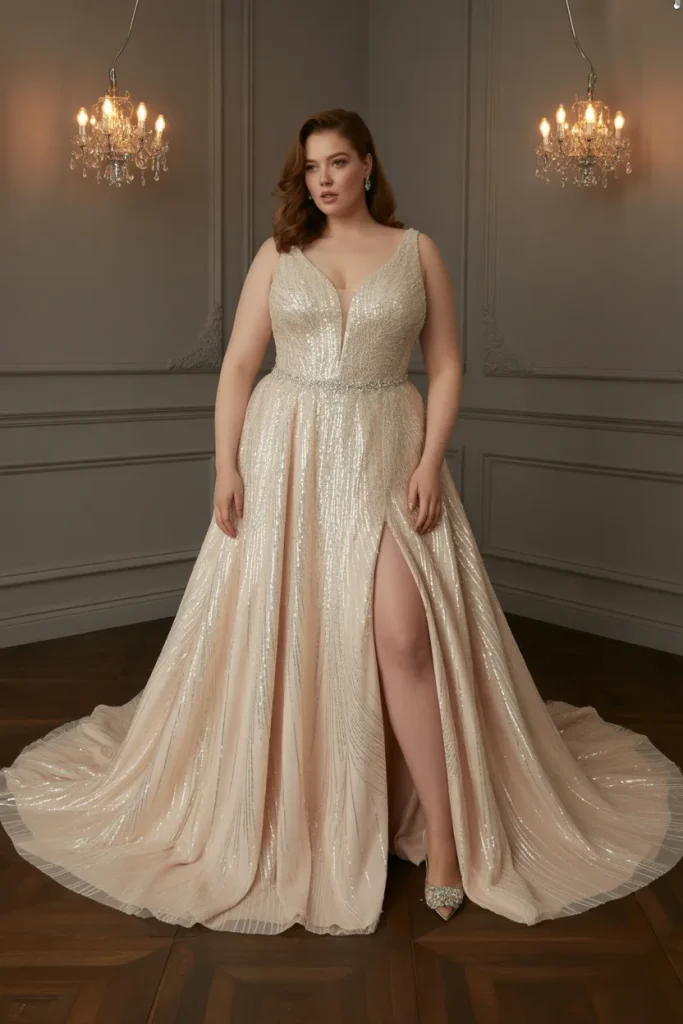 Plus Size Vintage Sequin Gown With Detachable Skirt Wedding Dress