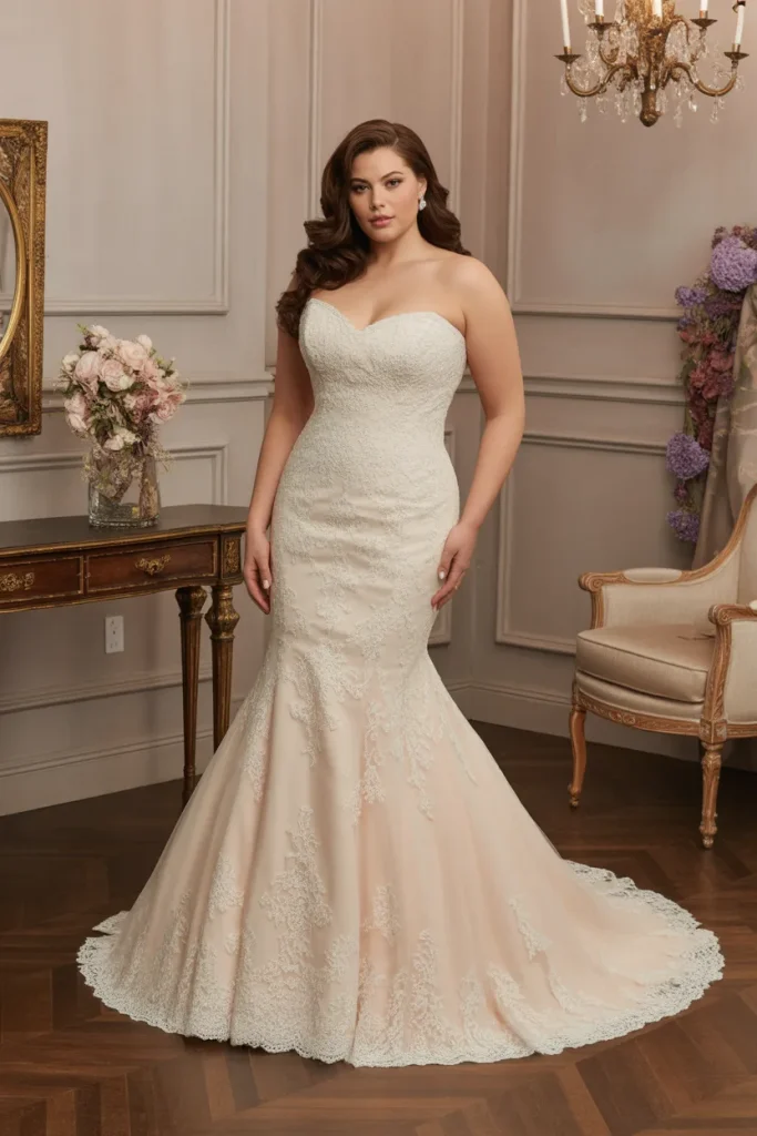Plus Size Vintage Strapless Lace Applique Mermaid Wedding Dress