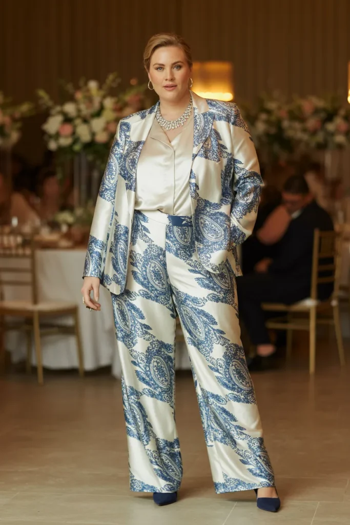 Plus Size White Blue Paisley Formal Pantsuit Wedding Guest Ensemble