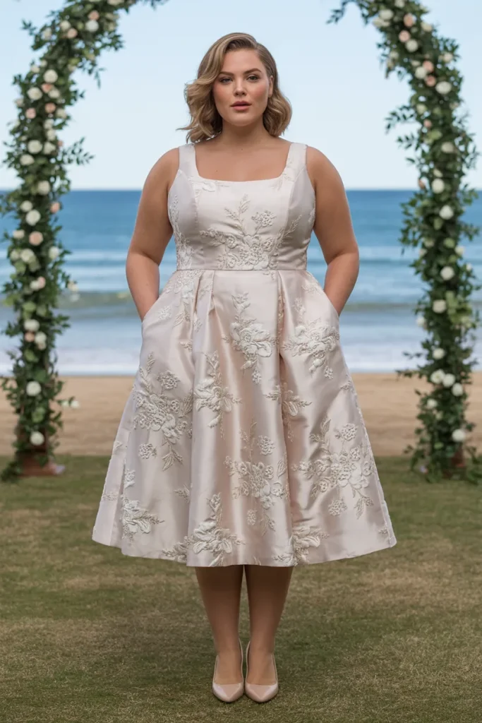Plus Size White Floral Satin Pocket Midi Wedding Guest Dress