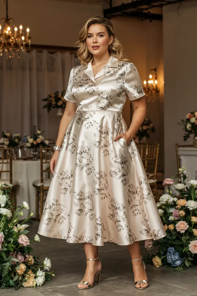 Plus Size White Floral Short Sleeve Satin Midi Dress with Pockets