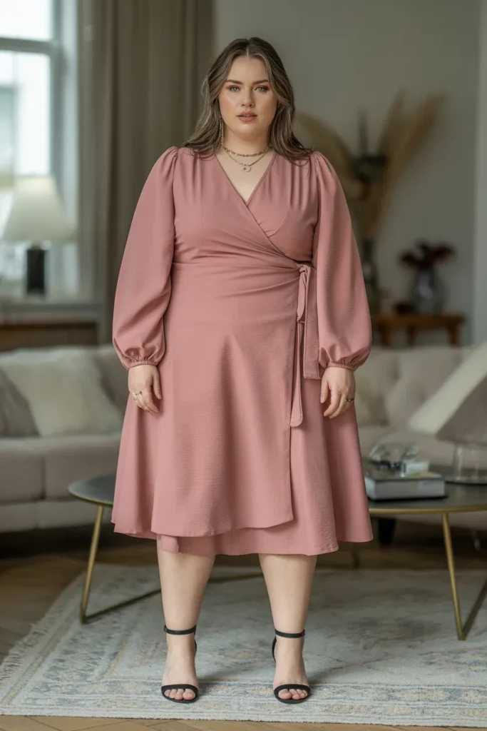 Plus Size Wrap Dress with Balloon Sleeves Summer Outfit