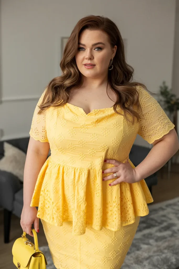 Plus Size Yellow Eyelet Lace Peplum Dress with Accessories Easter Outfit