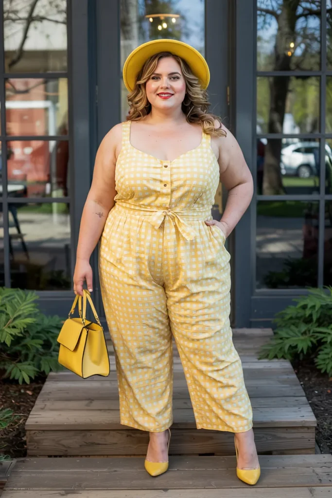 Plus Size Yellow Gingham Jumpsuit Yellow Accessories Easter Outfit