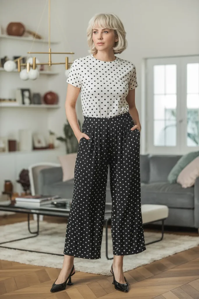 Polka Dot T Shirt with Matching Pant Set and Sling Back Pump