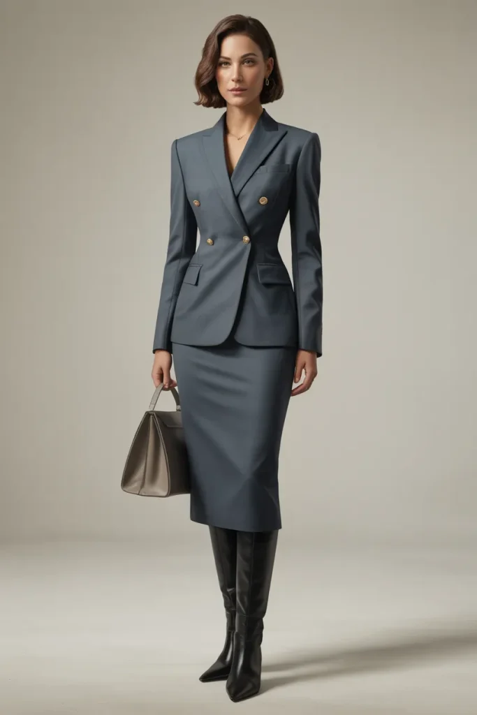 Premium Quality Blazer Skirt Set with Knee Length Boots