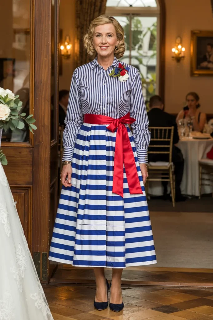 Preppy Navy and White Striped Shirt Dress with Red Sash Mother of the Bride Dress