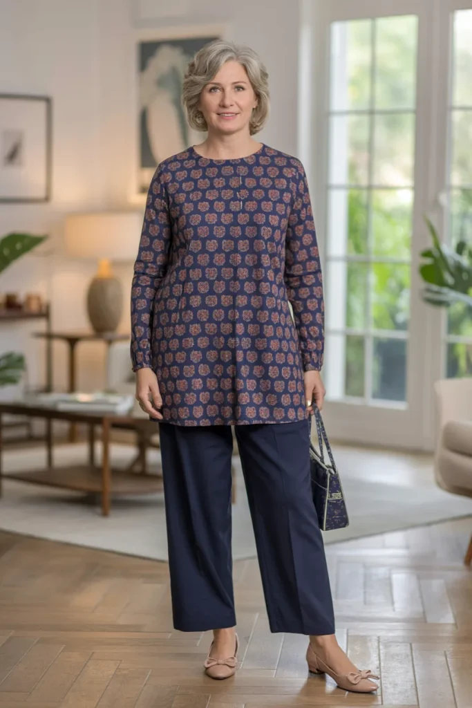 Printed Long Sleeve Tunic Top with Loose Trouser and Bow Ballet Flats