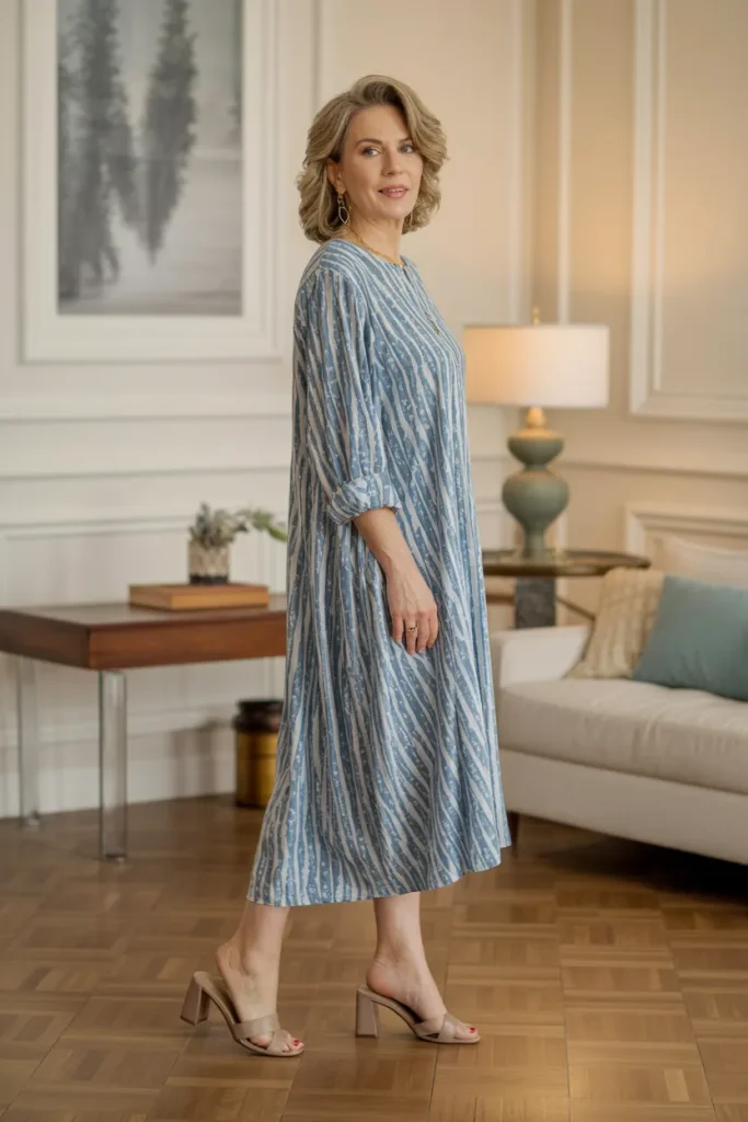 Printed Midi Tunic Dress with Block Heels