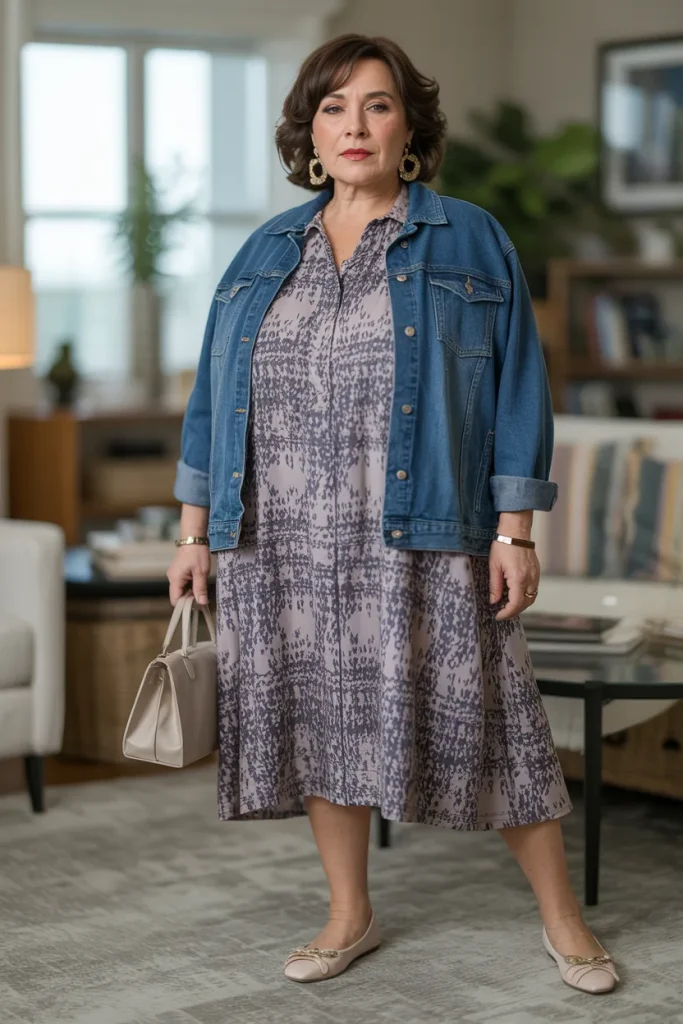 Printed Tunic Dress Over Denim Jacket and Ballet Flats
