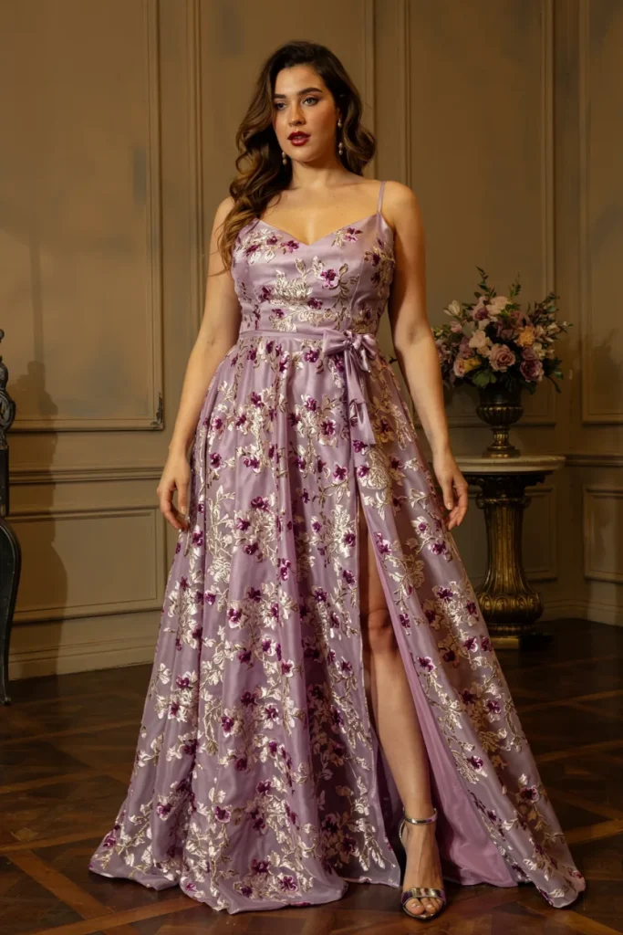 Purple Floral High Slit Gown