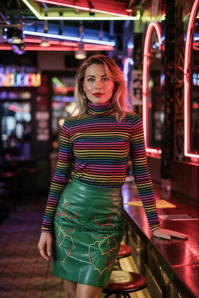 Rainbow Striped Turtleneck and Green Leather Skirt