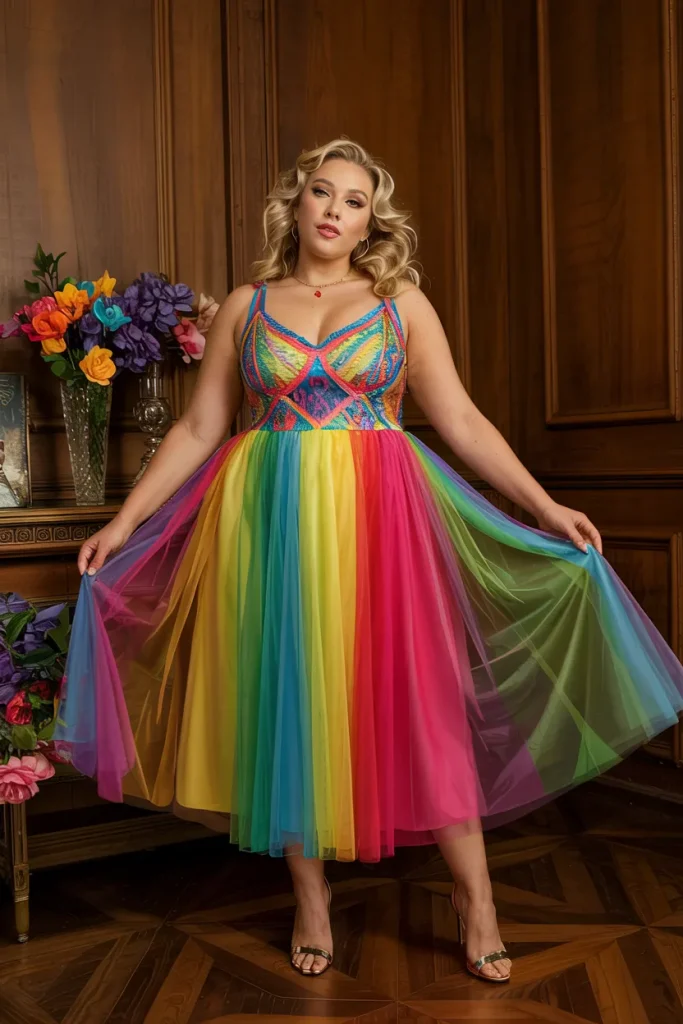Rainbow or Multicolor Gradient Tulle Tea Length Midi Dress