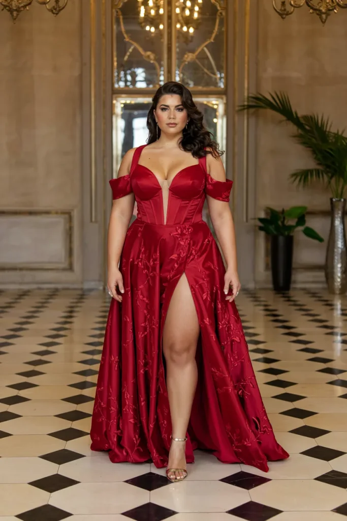 Red Dress With Deep Sweetheart Neckline And High Slit