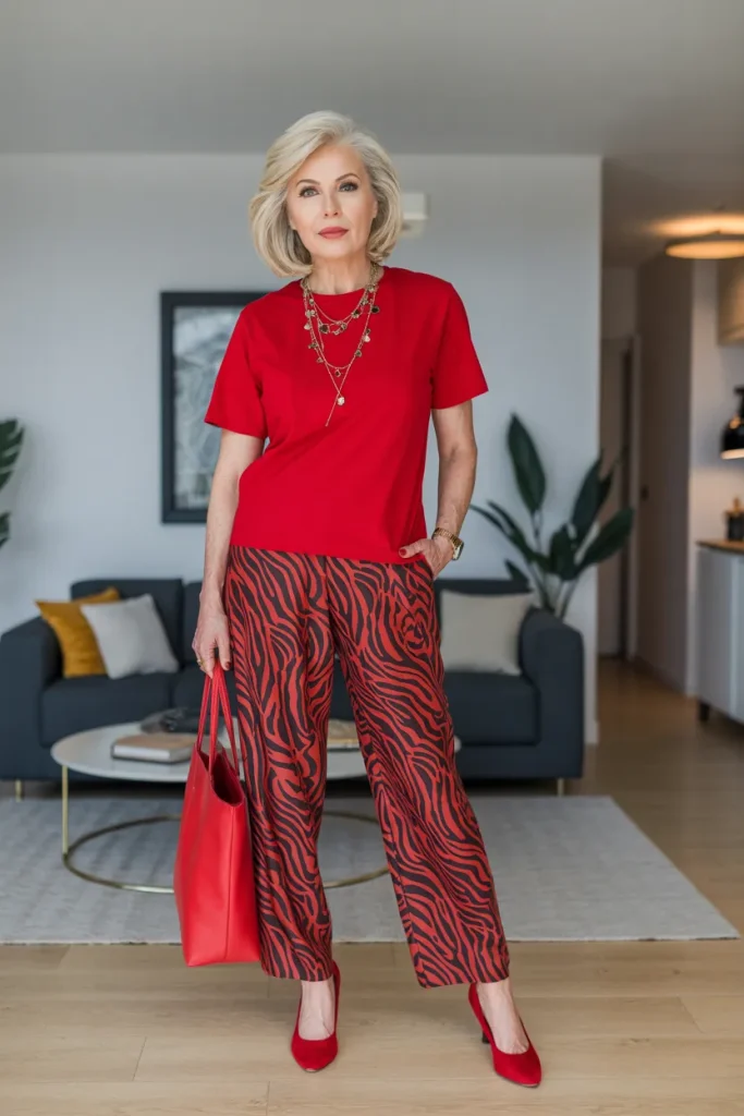 Red T Shirt with Animal Printed Pant and Red Pumps