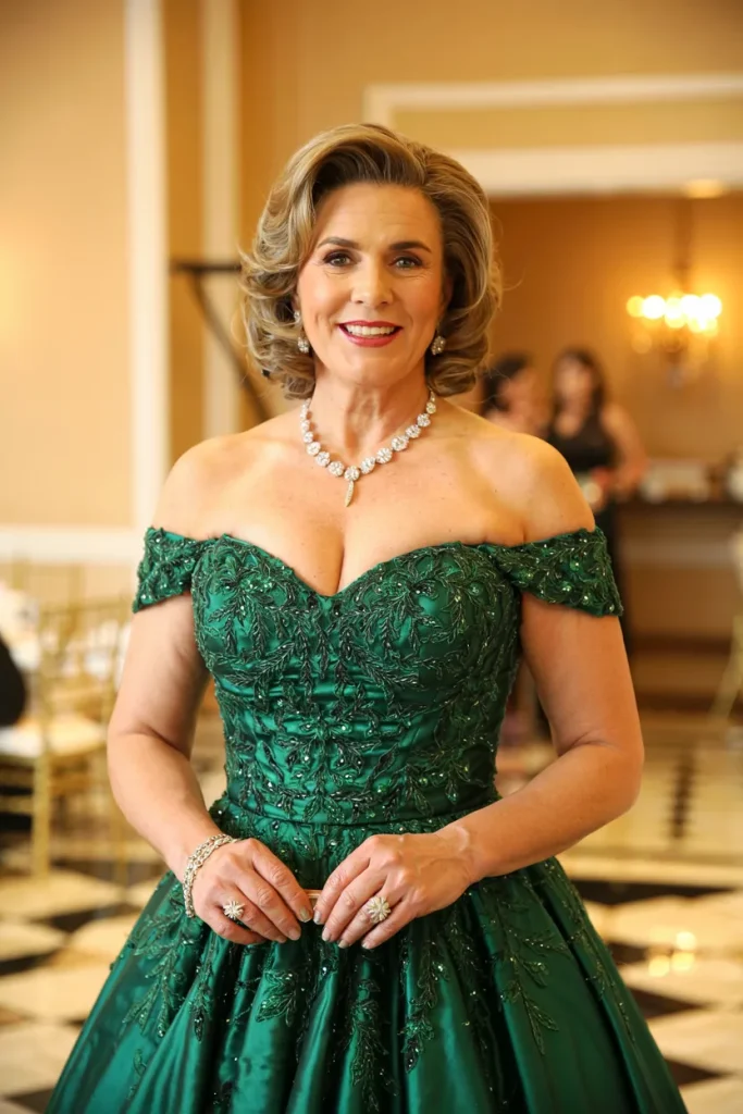 Regal Emerald Green Off the Shoulder Ballgown with Beaded Bodice