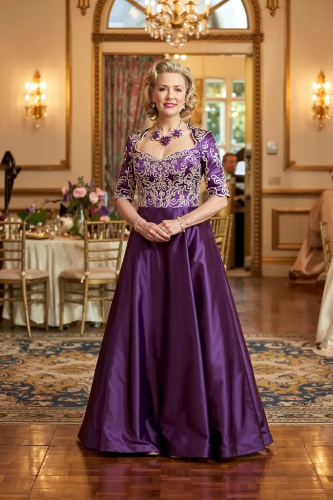 Regal Purple Satin A Line Gown with Embroidered Bodice and Elbow Sleeves