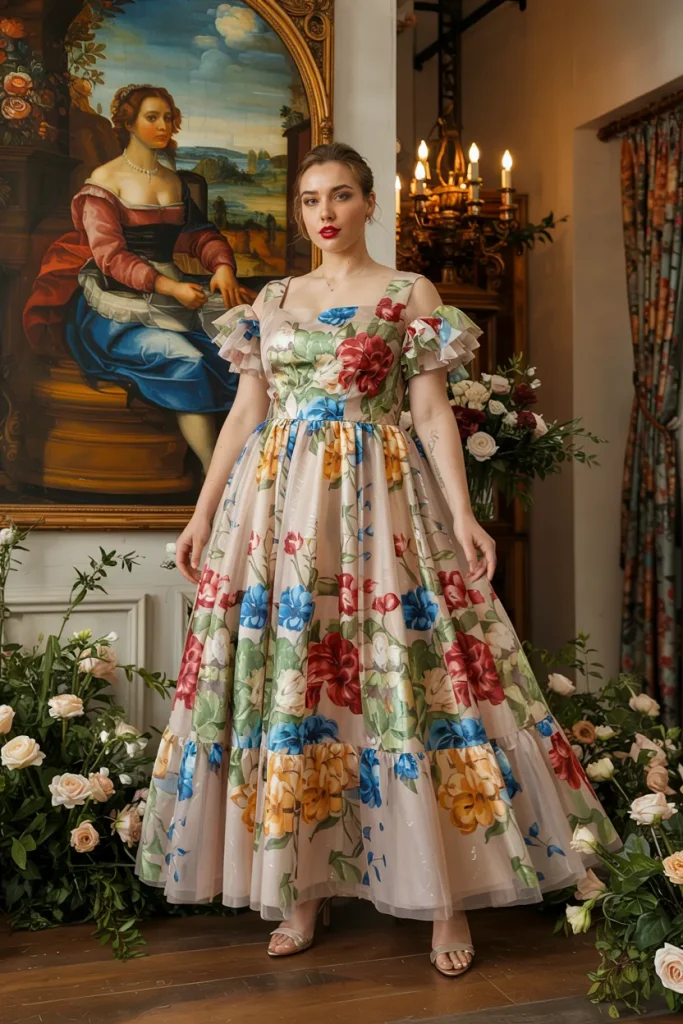 Renaissance Painting Tulle Ball Gown Plus Size Floral Wedding Guest Dress