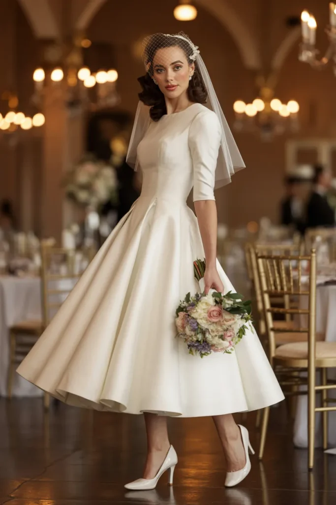 Retro Tea Length Dress With Sleeves