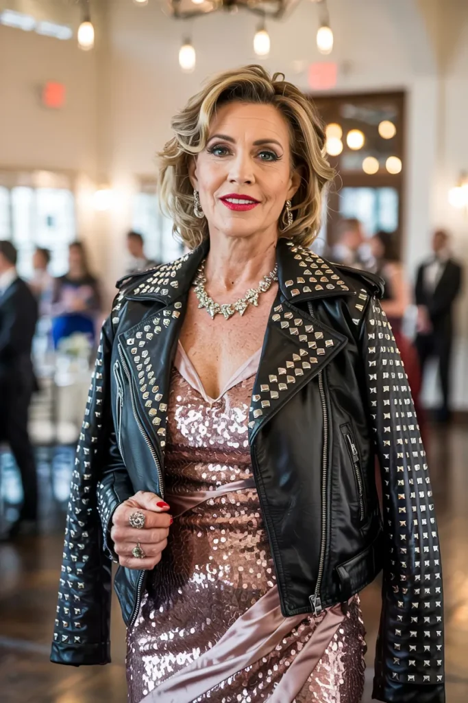 Rocker Glam Studded Leather Jacket and Sequin Gown Mother of the Bride Outfit