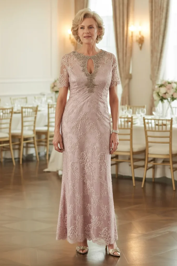 Romantic Blush Stretch Lace Sheath Dress with Embellished Keyhole