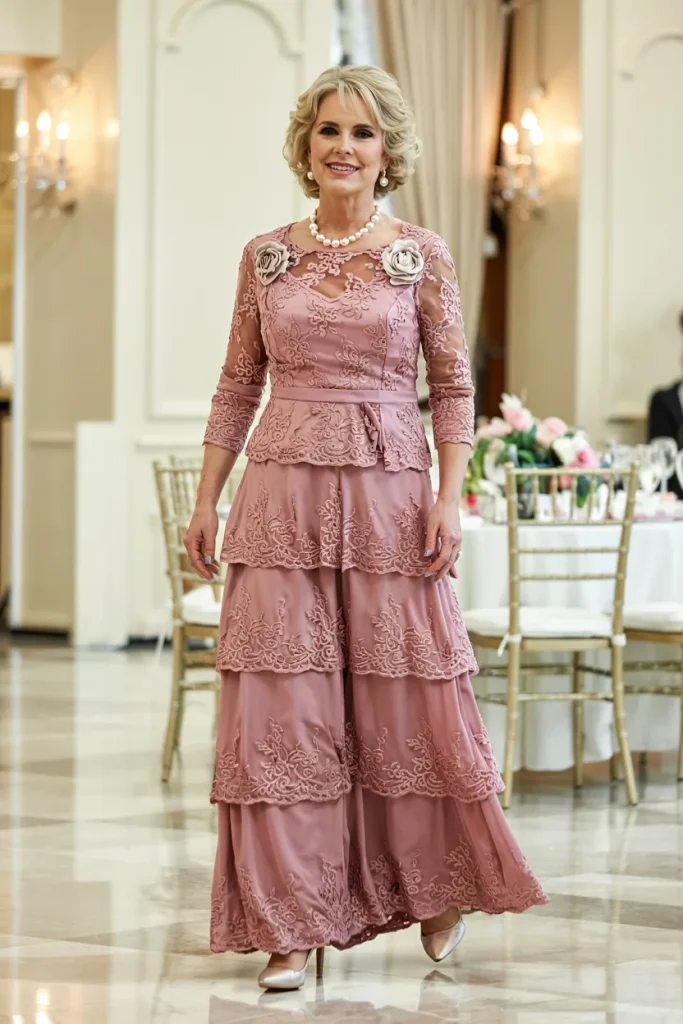 Romantic Dusty Rose Lace and Chiffon Tiered Maxi Mother of the Bride Dress
