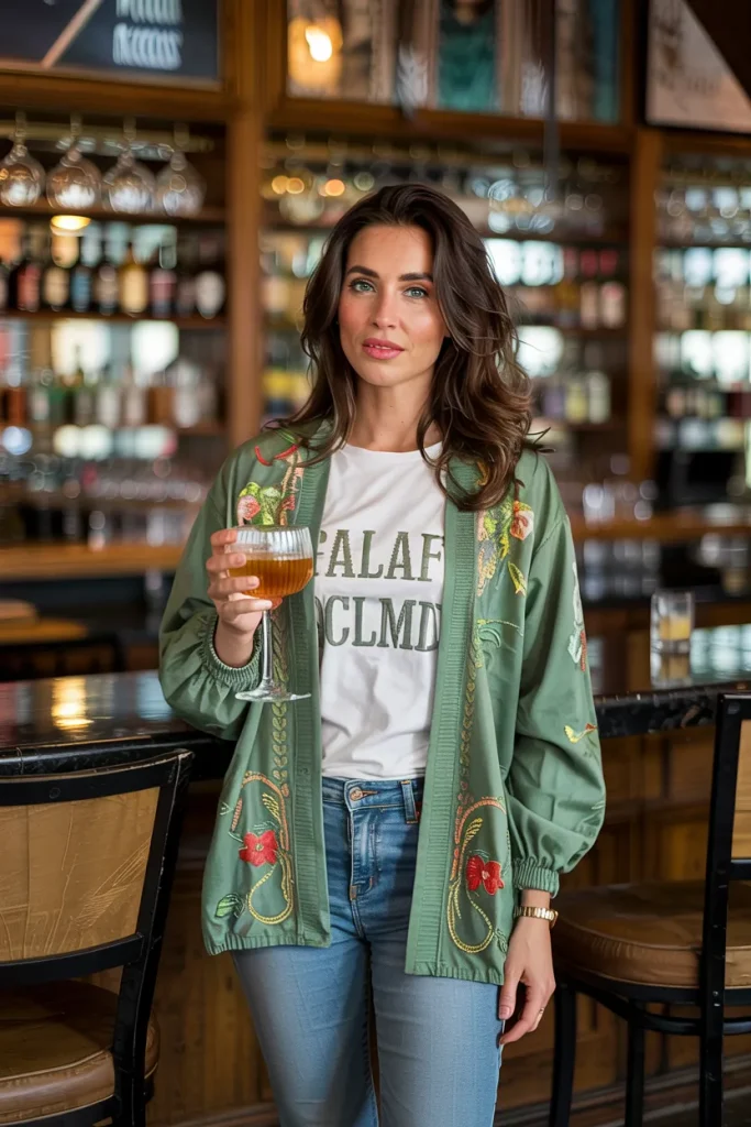 Sage Green Cardigan With Graphic Tee