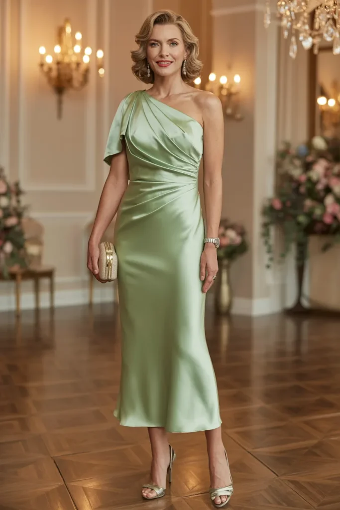 Sage Green Satin Midi One Shoulder Dress