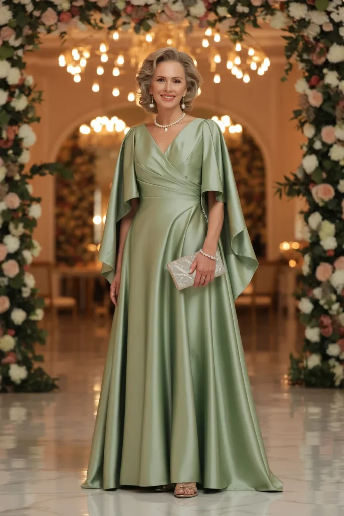 Sage Green Silk Eucalyptus V Neck Blouson A Line Dress with Dramatic Cape Sleeves