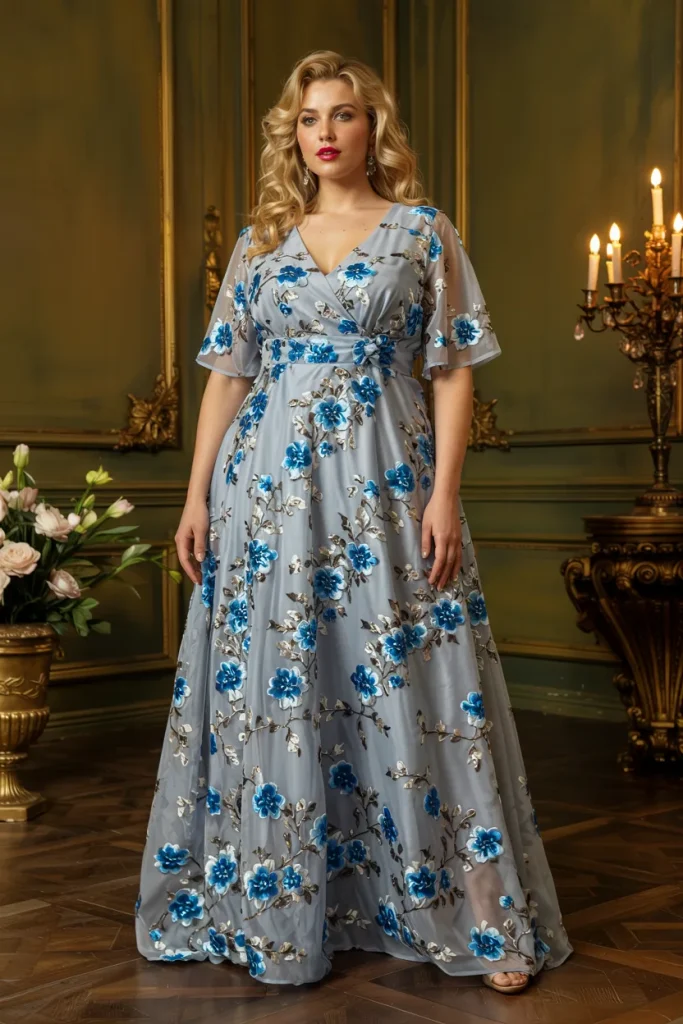 Sapphire Blue Floral Gown Dress