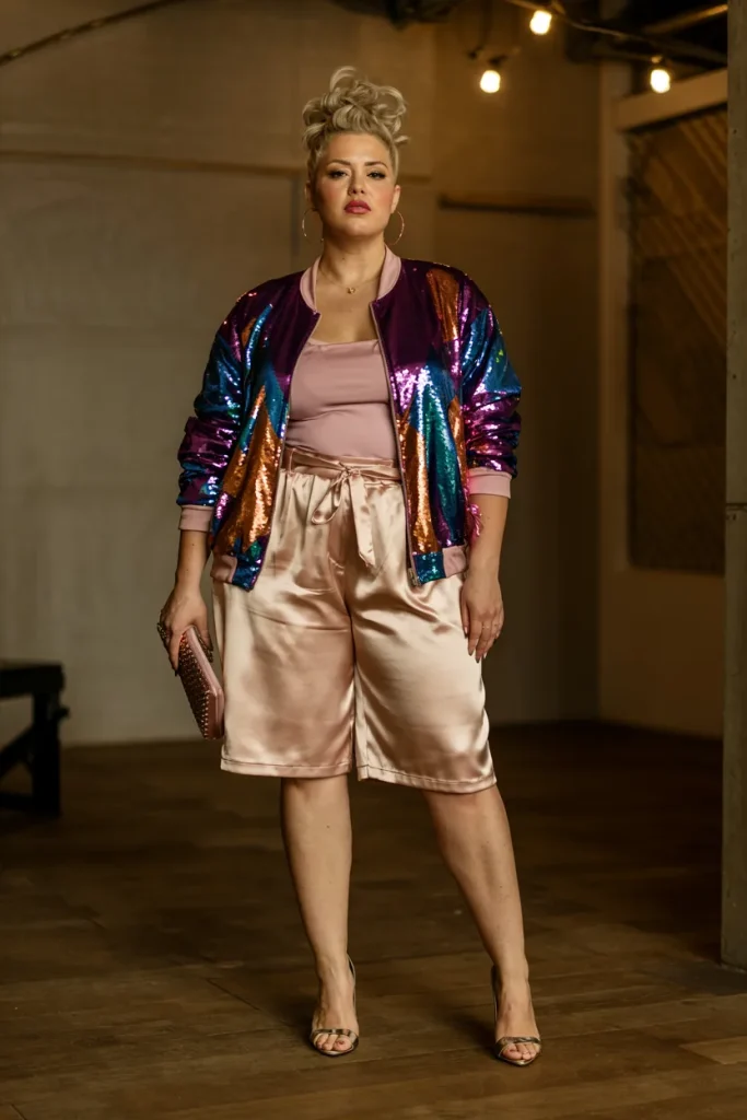 Satin Bermuda Shorts with Sequin Bomber Birthday Outfit
