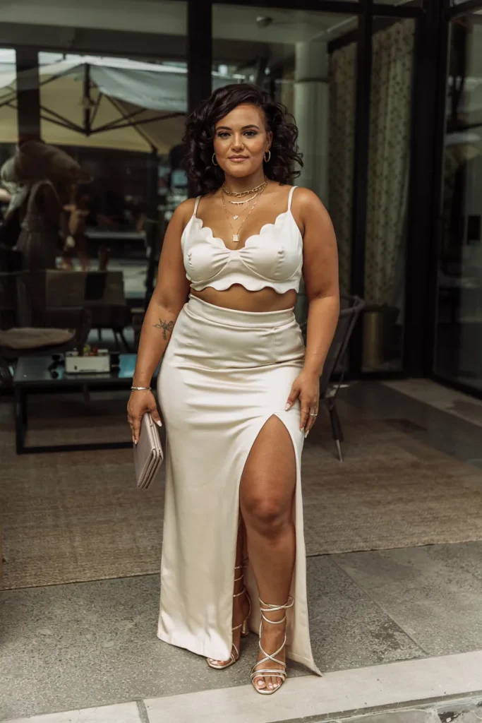 Scalloped Cream Two Piece with Thigh High Slit Summer Birthday Outfit