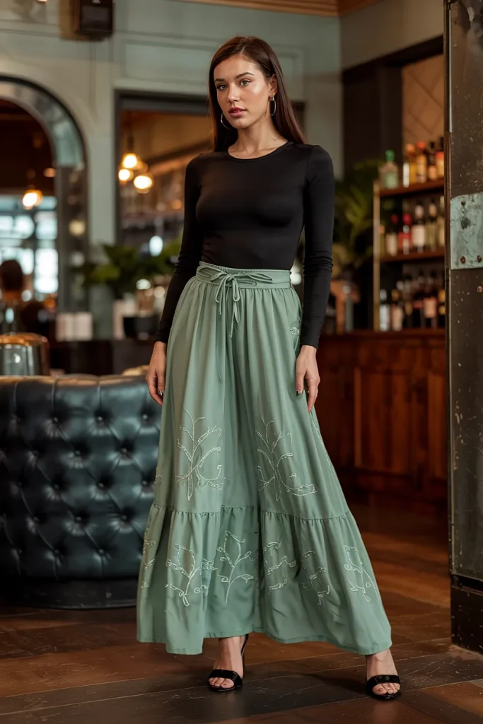 Sea Foam Green Maxi Skirt With Black Bodysuit
