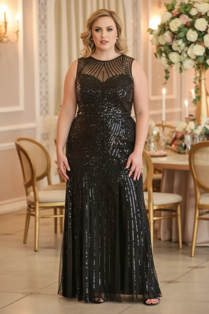 Sequin Illusion Neckline Black Formal Wedding Guest Dress