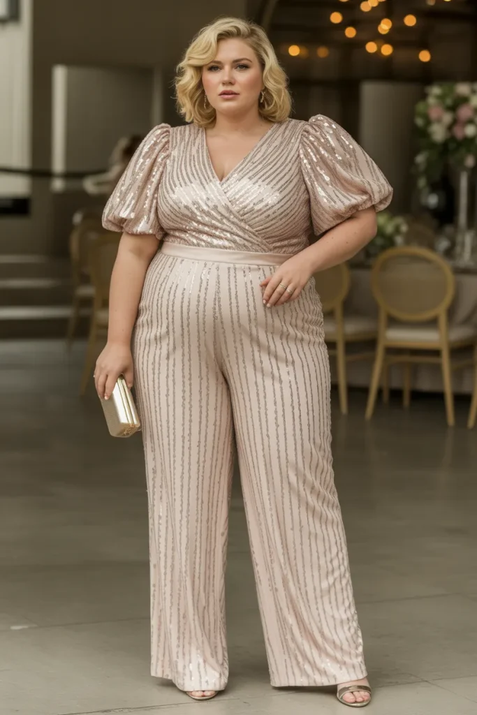 Sequin Puff Sleeve Jumpsuit Plus Size Formal Wedding Guest Dress