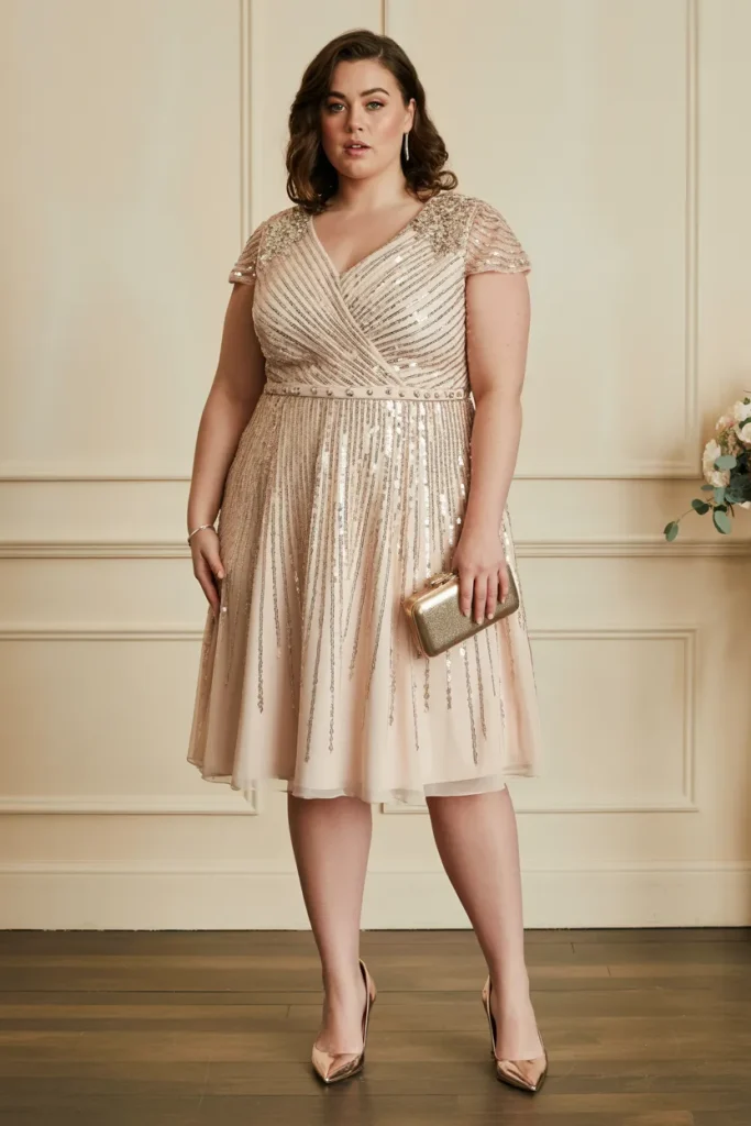 Sequined Cap Sleeve Fit and Flare Plus Size Semi Formal Wedding Guest Dress