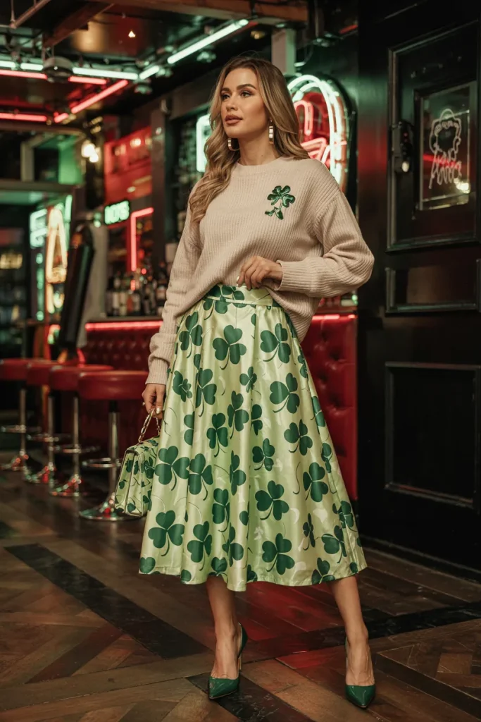 Shamrock Print Midi Skirt With Cream Sweater