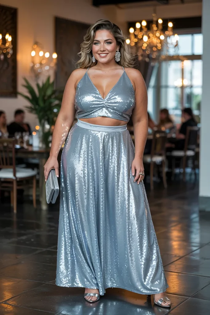 Silver Sequin Two Piece Maxi Summer Birthday Outfit