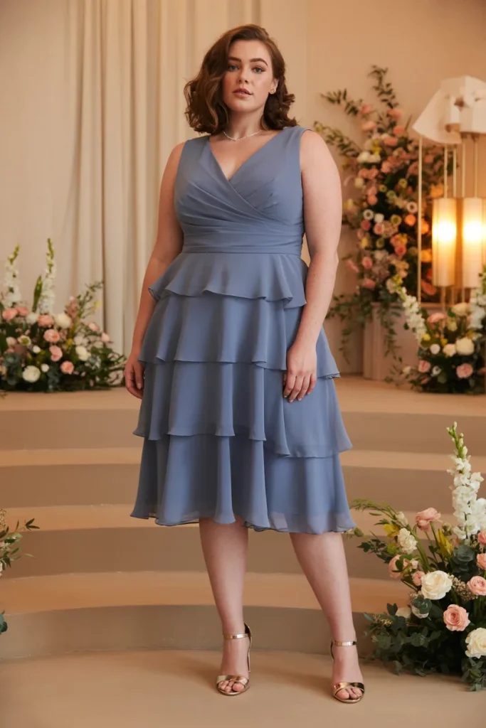 Slate Blue Tiered Cocktail Plus Size Wedding Guest Cocktail Dress