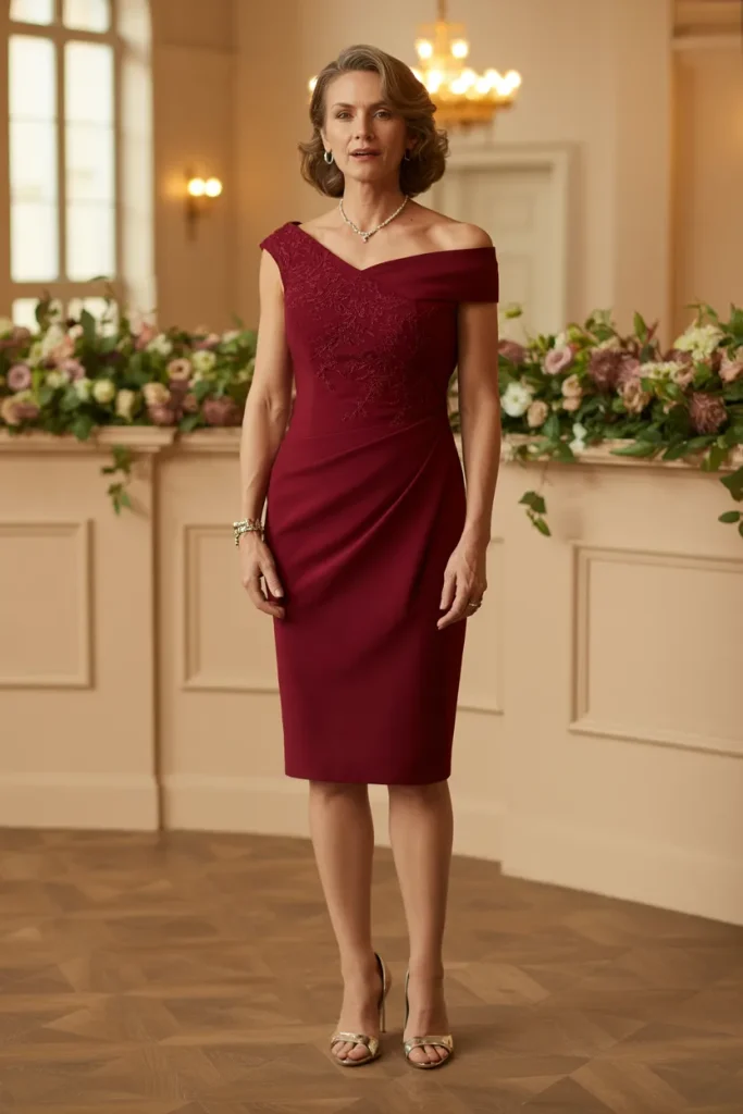 Sophisticated Burgundy Off the Shoulder Power Stretch Sheath Dress