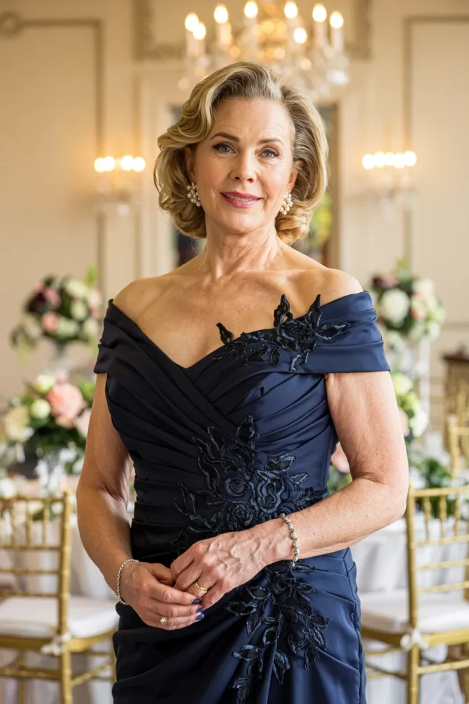 Sophisticated Midnight Navy Off the Shoulder Ruched Sheath with Buttons
